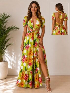 Floral Cutout Maxi Dress with Open Back - Green